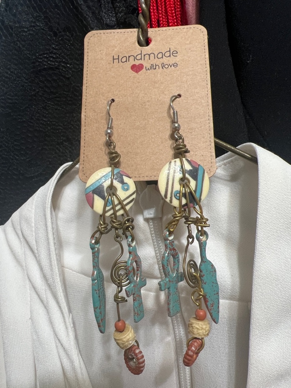 Handmade Multicolor Boho Dangle Earrings - Turquoise & Coral Accents